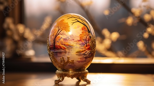 Easter egg with a beautiful picture on the table. Golden colors. AI Generated 