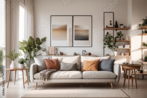 Scandinavian Interior home design of modern living room with sofa and wooden decoration with poster frames and shelves on the wall © Basileus