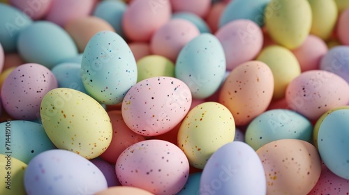  a pile of pastel colored eggs with sprinkles in the middle of the eggs are pink, blue, green, yellow, and white with speckles on them.