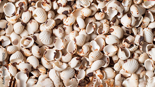  a close up of a bunch of shells on a table with a brown and white stripe on the bottom of the shell, and a brown and white stripe on the top of the bottom of the shells.
