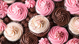  a close up of a bunch of cupcakes with pink and brown frosting on top of each of the cupcakes on the bottom of the cupcakes.