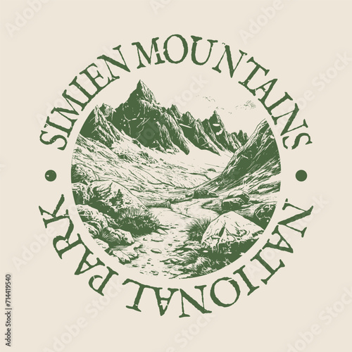 Simien Mountains, Ethiopia Illustration Clip Art Design Shape. National Park Vintage Icon Vector Stamp. photo