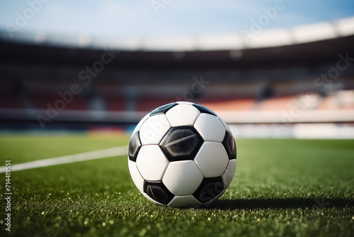 Ball on the green field in soccer stadium. soccer ball close-up. Generated AI © jirayut