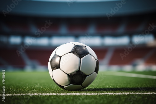 Ball on the green field in soccer stadium. soccer ball close-up. Generated AI © jirayut
