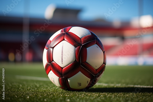 Ball on the green field in soccer stadium. soccer ball close-up. Generated AI