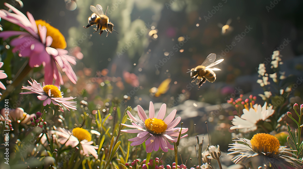 A garden scene with blooming flowers and buzzing bees