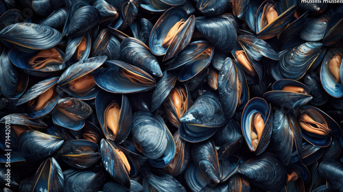  a close up of a bunch of mussels on a pile of mussels on a pile of mussels on a pile of mussels on a pile of mussels on a pile of mussel on a pile of mussel on a pile of mussel. photo