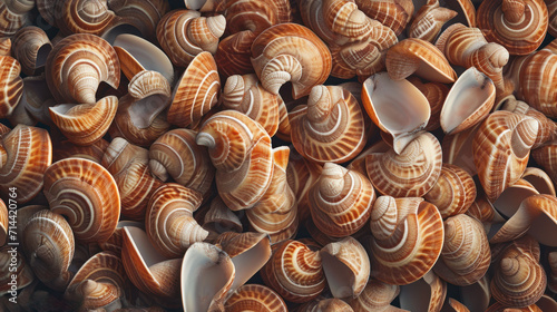  a close up of a bunch of seashells that are brown and white with a black stripe on the side of the shell and a white stripe on the side of the top of the shell.