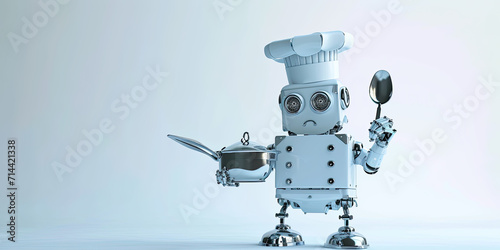 Robot chef cooking, futuristic dystopian kitchen, artificial intelligence cook, preparing food, generated ai