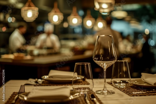 Elegant restaurant setting with blurred background of chefs and diners