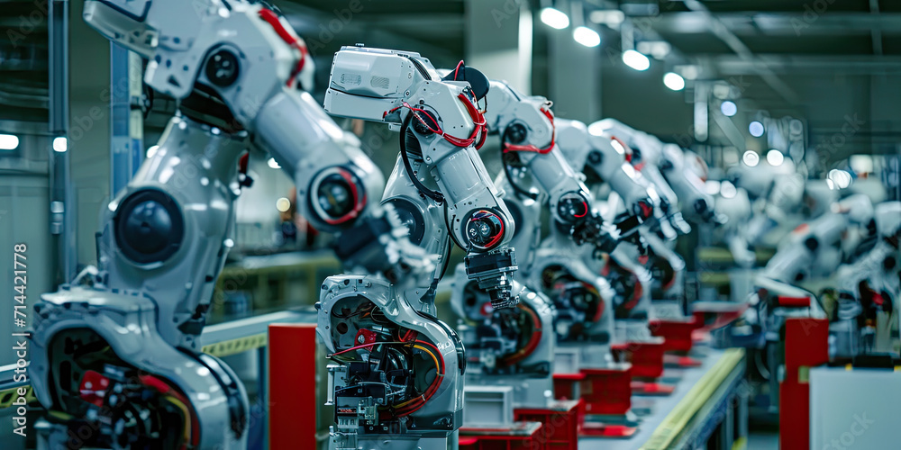 Fototapeta premium Robot factory production line warehouse operations, artificial intelligence robots, cyborgs, generated ai