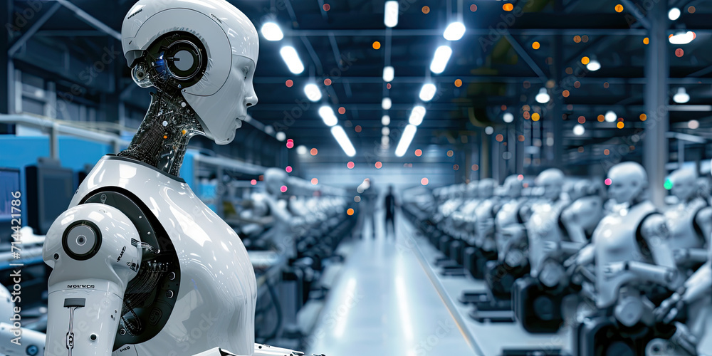 Robot factory production line warehouse operations, artificial intelligence robots, cyborgs, generated ai Robot factory production line warehouse operations, artificial intelligence robots, cyborgs, generated ai