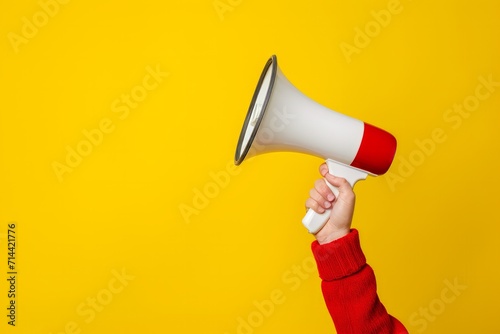Hand holding a white and red megaphone against a vibrant yellow background photo
