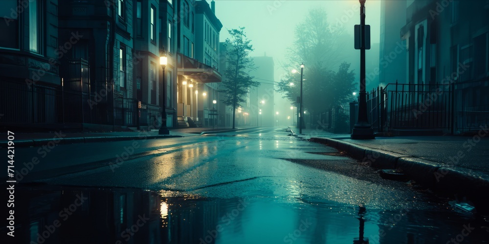 Moody and atmospheric shot of an empty street with reflective surfaces and fog