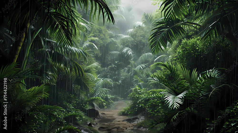 A lush rainforest teeming with life during a rainy season