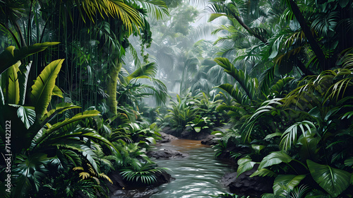 A lush rainforest teeming with life during a rainy season