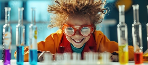 A joyous boy with round glasses conducts scientific experiments, sporting a wild hairstyle, at a white table with test tubes. photo