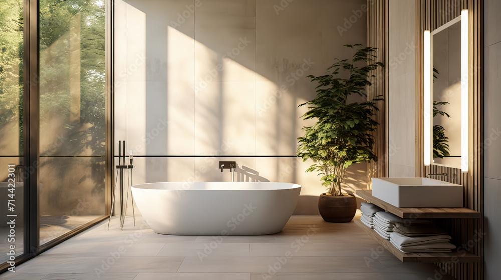 Fototapeta premium Modern bathroom interior with white bathtub and chic vanity, black walls, concrete floor, plants, concrete wall , natural lighting. Minimal bathroom with modern furniture