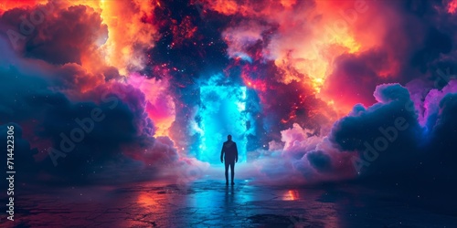 Person facing a vibrant explosion of clouds within a futuristic corridor