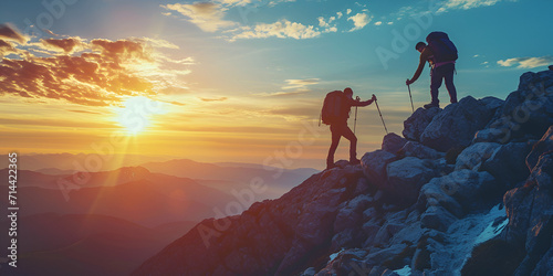 Hiker helping friend reach the mountain top, World Mountains day, tourism, tour day, Generative Ai © Saleem