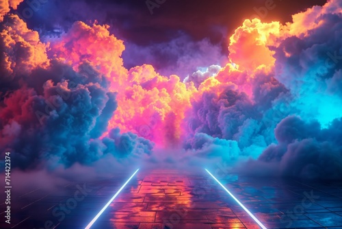 Person facing a vibrant explosion of clouds within a futuristic corridor photo
