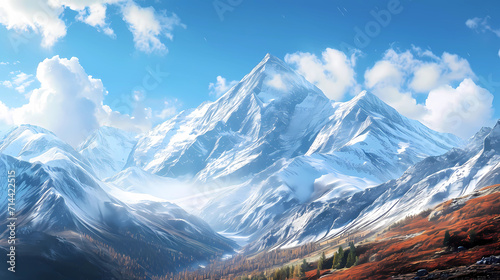 A mountain scene with snow-capped peaks and clear blue skies