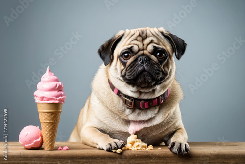 Studio shot of cute little pug enjoying ice cream