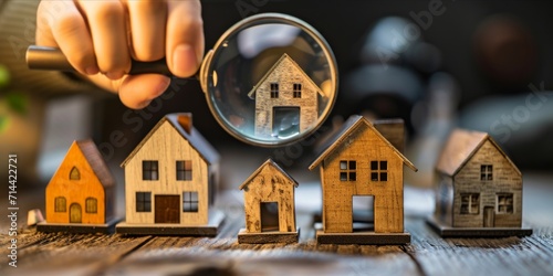 Hand with magnifying glass over miniature wooden houses photo