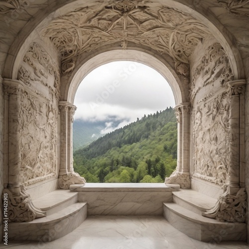 view of the forest outside through an open ornate marble castle balcony; pleasant day with clouds