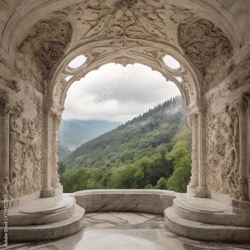 view of the forest outside on a pleasant cloudy day through an open ornate marble balcony from a castle