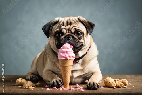 Studio shot of cute little pug eating ice cream