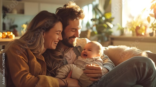 Parent holding rocking baby child daughter son in hands. Young couple with newborn in cozy living room sofa. Joyful laughing happy family lifestyle mother father kid at home.  photo