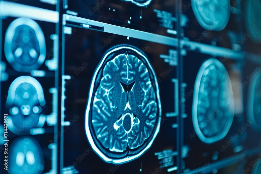 Fototapeta premium Digital image of a human brain scan displayed on monitors