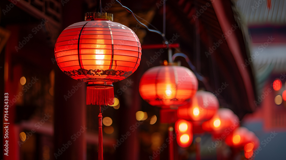 line of hanging lamps, close up, chinese new year street decoration