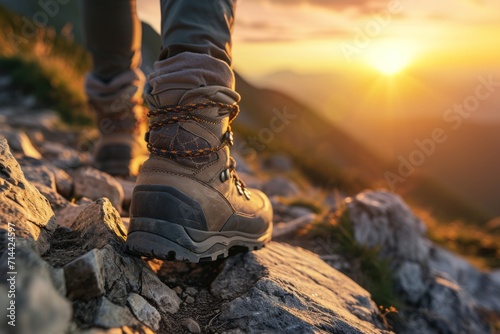 Hiking boots on a mountain trail at sunset