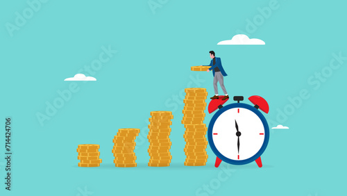 long term investment concept, Growth Earning From Compound Interest In Long Term Investing, businessman makes financial growth graph by stacking gold coins on top of big clock vector illustration