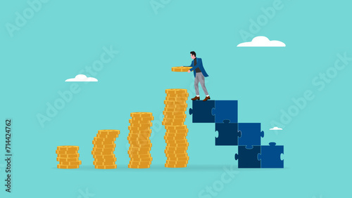 saving money or investment progress, saving money for long term investment, strategy for investment progress, businessman stacking gold coins on ladder of puzzle concept vector illustration