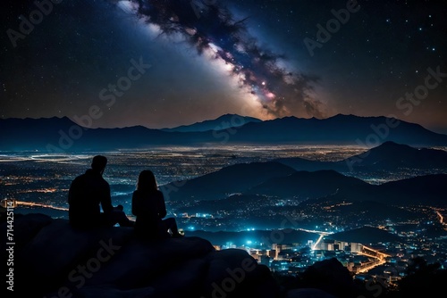 couple sit on the rock at night