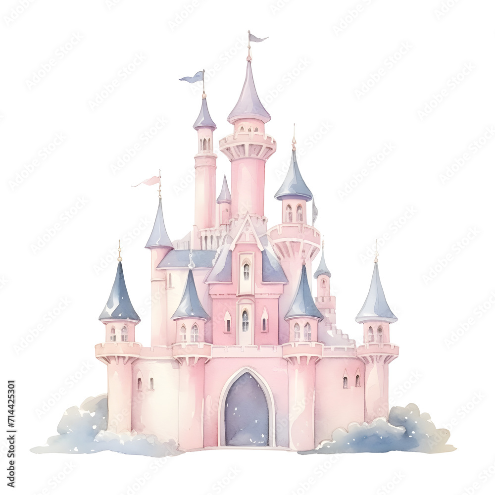 Whimsical Watercolor Castle. A Fairy Tale Painting in Dream, Sparking and Enchanting Imagination. Dreamlike Illustration, Immerse in the Magical Kingdom, Vibrant and Pastel Color of Fantasy.