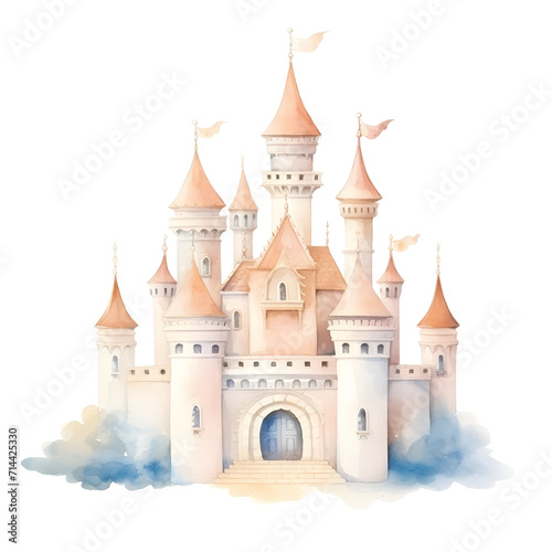 Whimsical Watercolor Castle. A Fairy Tale Painting in Dream, Sparking and Enchanting Imagination. Dreamlike Illustration, Immerse in the Magical Kingdom, Vibrant and Pastel Color of Fantasy.