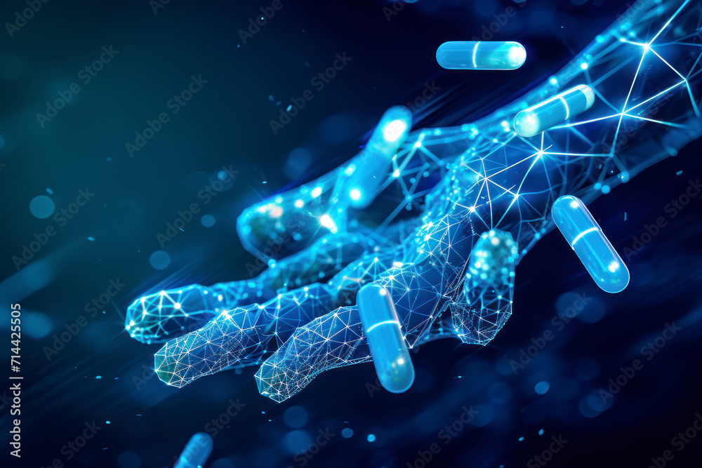 Abstract blue giving hand with flying medical capsules. Low poly style design. Availability of medicines concept. Modern 3d graphic geometric background. Wireframe light connection structure. Abstract blue giving hand with flying medical capsules. Low poly style design. Availability of medicines concept. Modern 3d graphic geometric background. Wireframe light connection structure.