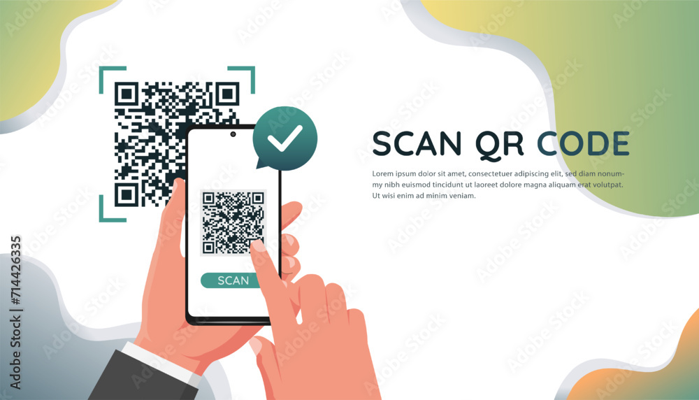 Hand holds smartphone to scan QR code for online payment, shopping transaction, share link website and contact information on mobile app services. Template for website, landing page, ui, social media Hand holds smartphone to scan QR code for online payment, shopping transaction, share link website and contact information on mobile app services. Template for website, landing page, ui, social media