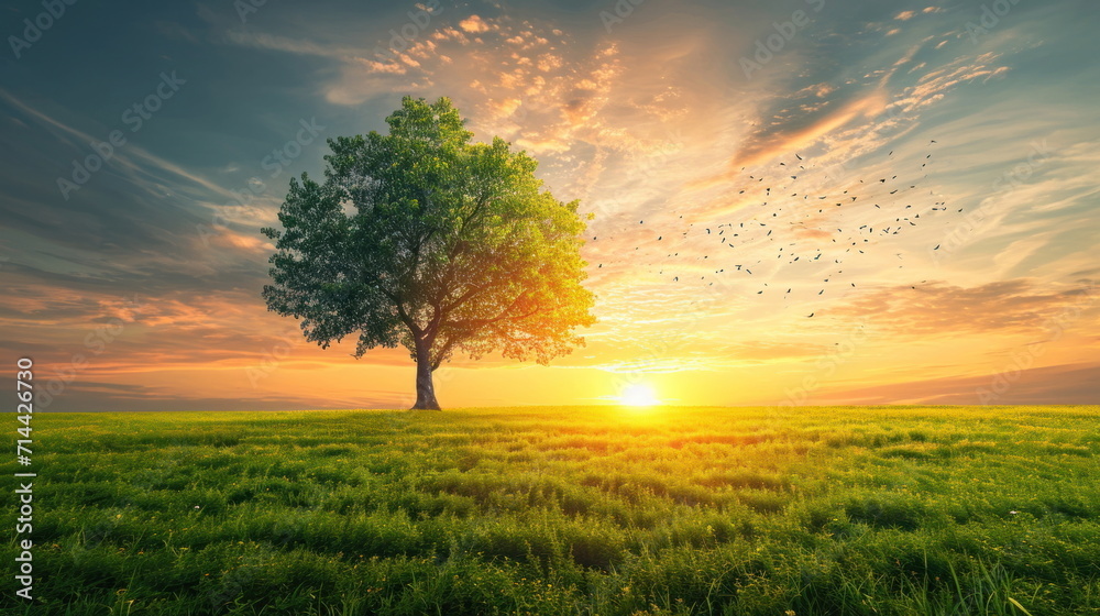 Tree stand on green field background, nature wallpaper for web or banner Tree stand on green field background, nature wallpaper for web or banner
