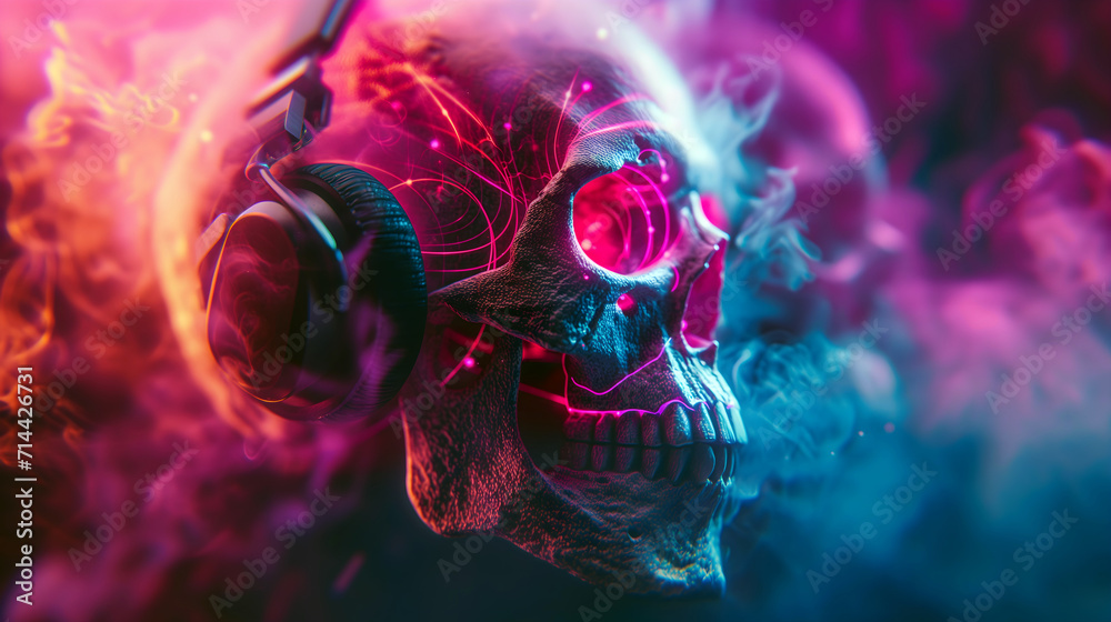 vibrant neon lit skull wearing headphones in a surreal, psychedelic music concept - obrazy, fototapety, plakaty 