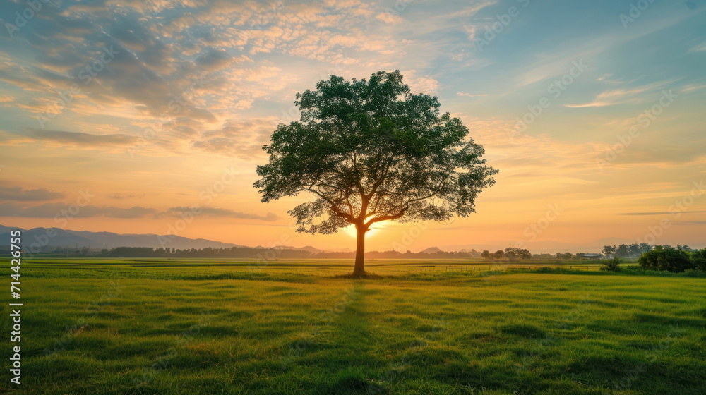 Tree stand on green field background, nature wallpaper for web or banner Tree stand on green field background, nature wallpaper for web or banner