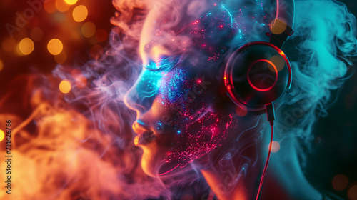 Woman in headphones in neon smoke, embodying musical ecstasy concept