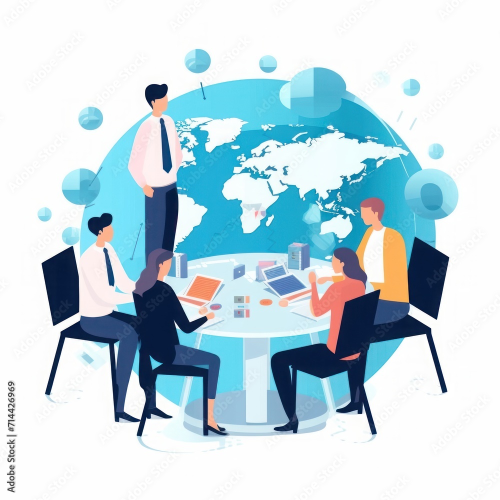 International trading, investing. Business  illustration. Team discussion around a round table with a map of the Earth, Generative AI 