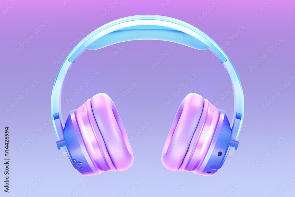 3d illustration of blue retro headphones on pink isolated background on neon lights. Headphone icon illustration