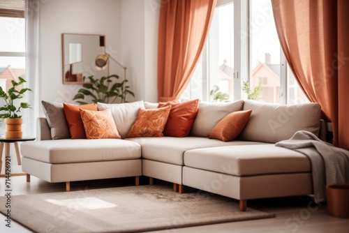 Scandinavian Interior home design of modern living room with orange fabric corner sofa and green plants near the window