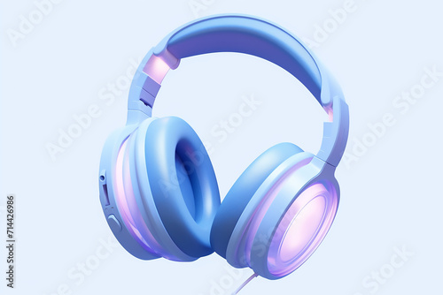 3d illustration of blue retro headphones on pink isolated background on neon lights. Headphone icon illustration